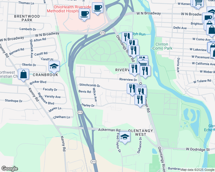 map of restaurants, bars, coffee shops, grocery stores, and more near 618 Stinchcomb Drive in Columbus