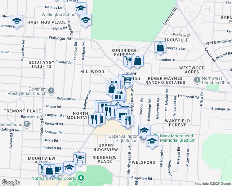 map of restaurants, bars, coffee shops, grocery stores, and more near 3237 Tremont Road in Columbus