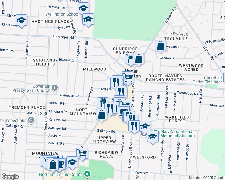 map of restaurants, bars, coffee shops, grocery stores, and more near 3237 Tremont Road in Columbus