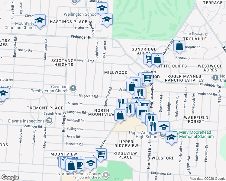 map of restaurants, bars, coffee shops, grocery stores, and more near 1842 Ridgecliff Road in Upper Arlington
