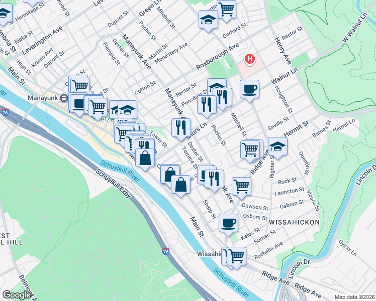 map of restaurants, bars, coffee shops, grocery stores, and more near 3943 Terrace Street in Philadelphia