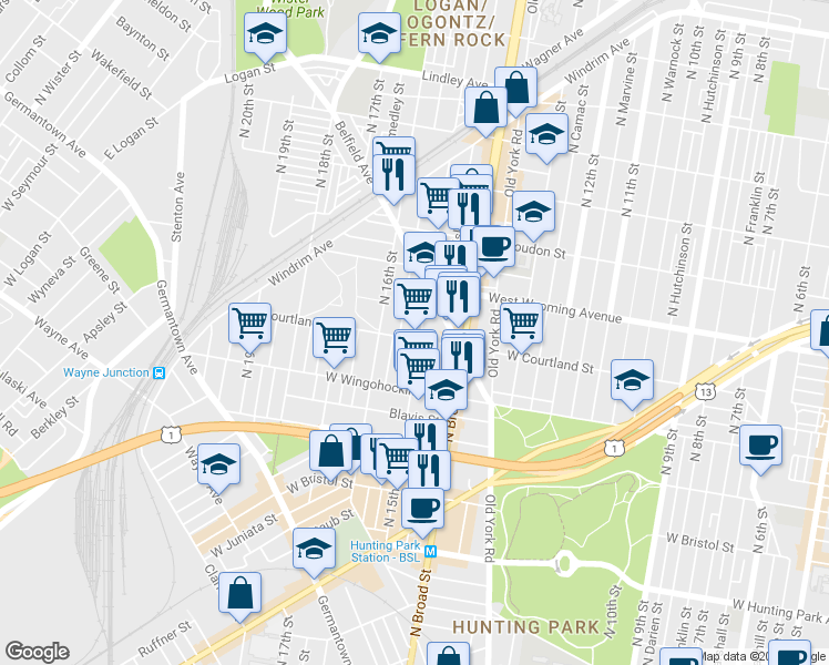map of restaurants, bars, coffee shops, grocery stores, and more near 1505 West Courtland Street in Philadelphia