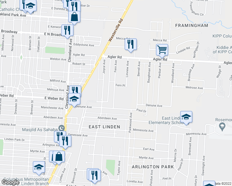 map of restaurants, bars, coffee shops, grocery stores, and more near 2712 Fern Avenue in Columbus