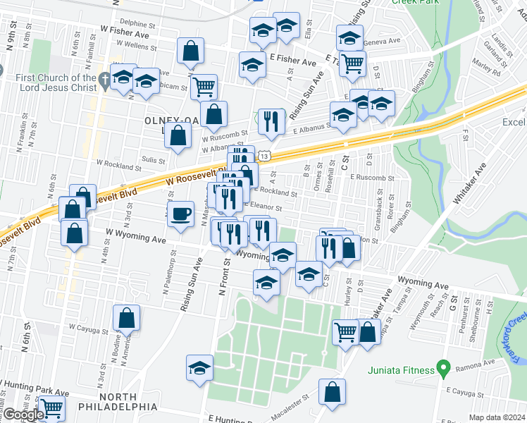 map of restaurants, bars, coffee shops, grocery stores, and more near 4816 A Street in Philadelphia