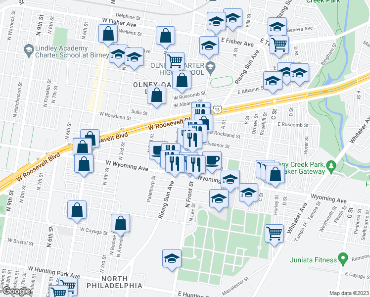 map of restaurants, bars, coffee shops, grocery stores, and more near 4805 North Howard Street in Philadelphia