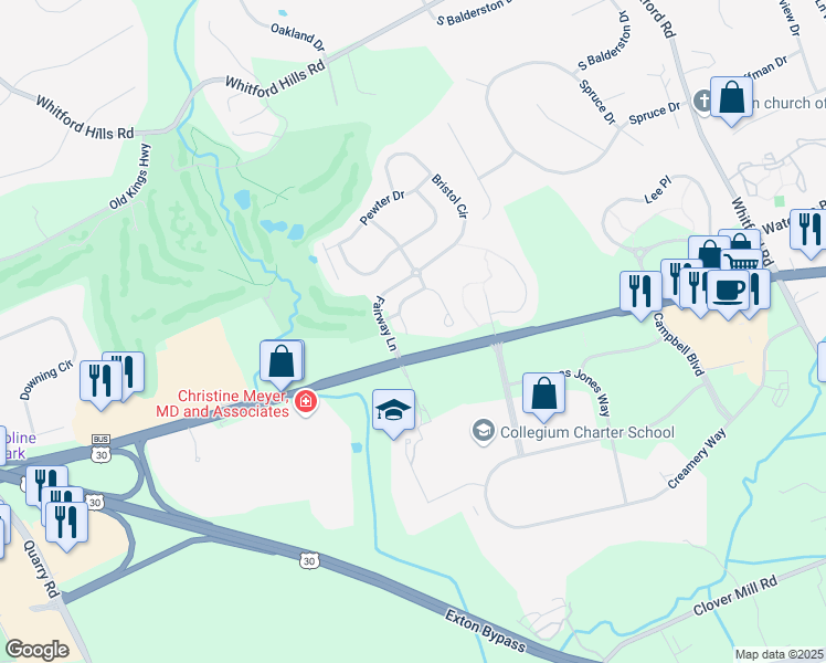 map of restaurants, bars, coffee shops, grocery stores, and more near 78 Buttonwood Drive in Exton