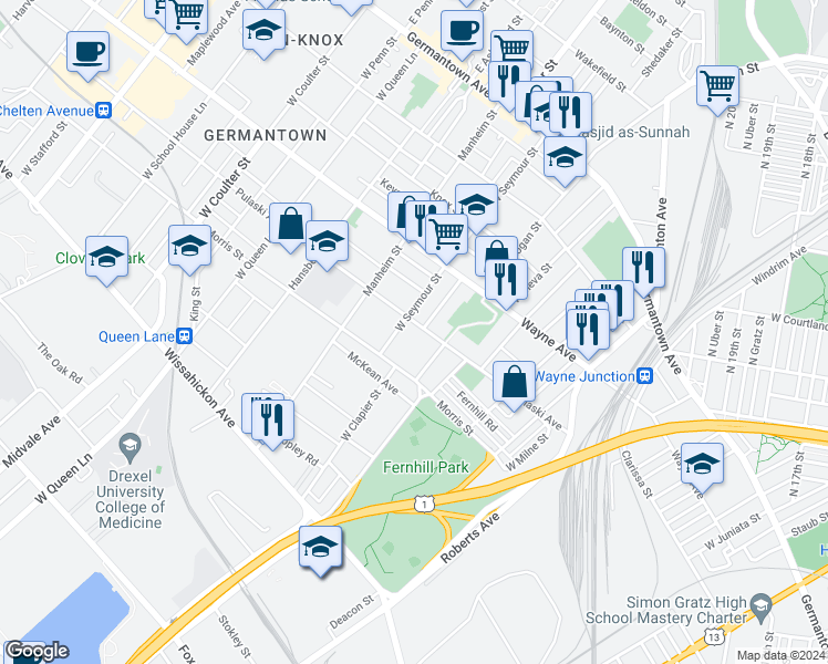 map of restaurants, bars, coffee shops, grocery stores, and more near 4936 Pulaski Avenue in Philadelphia