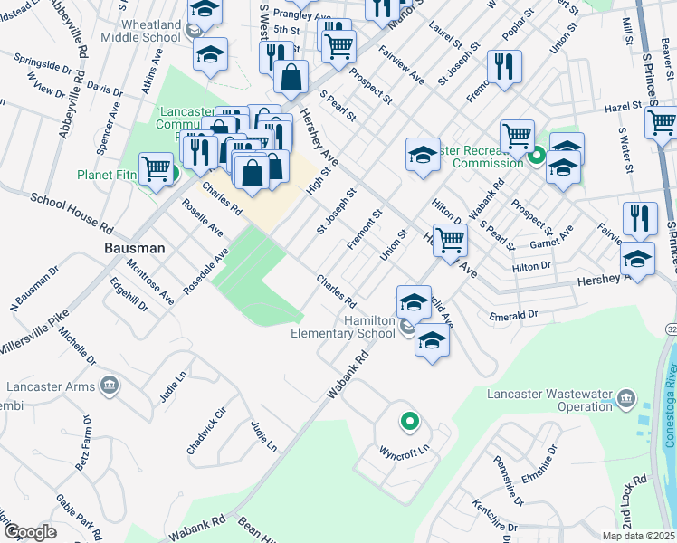 map of restaurants, bars, coffee shops, grocery stores, and more near 1258 Fremont Street in Lancaster