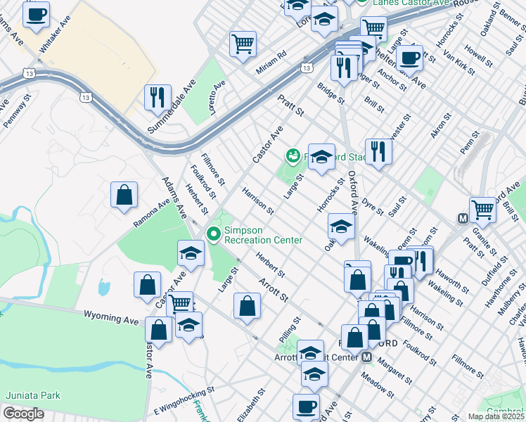 map of restaurants, bars, coffee shops, grocery stores, and more near 1012 Harrison Street in Philadelphia