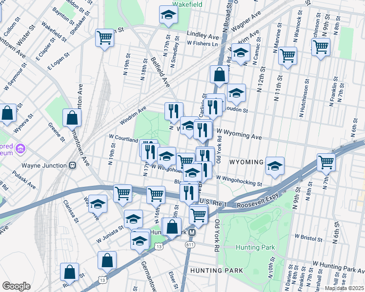 map of restaurants, bars, coffee shops, grocery stores, and more near 1509 West Courtland Street in Philadelphia