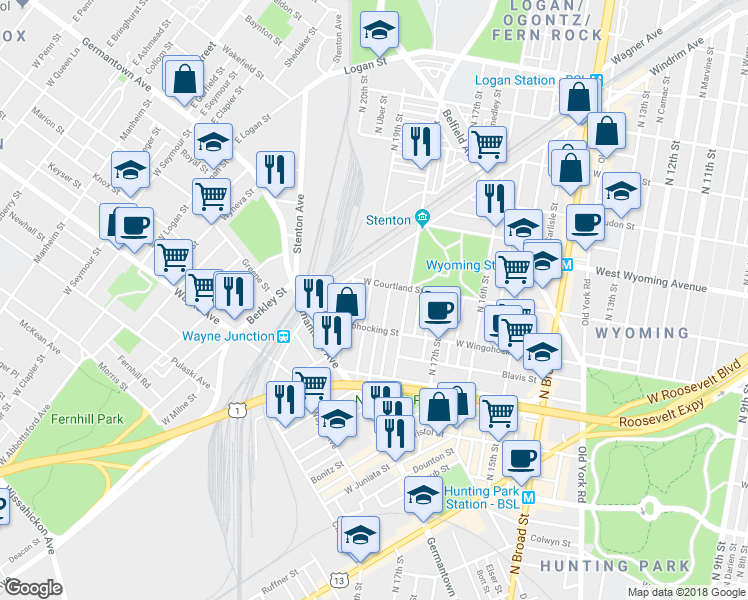 map of restaurants, bars, coffee shops, grocery stores, and more near 4543 North 19th Street in Philadelphia
