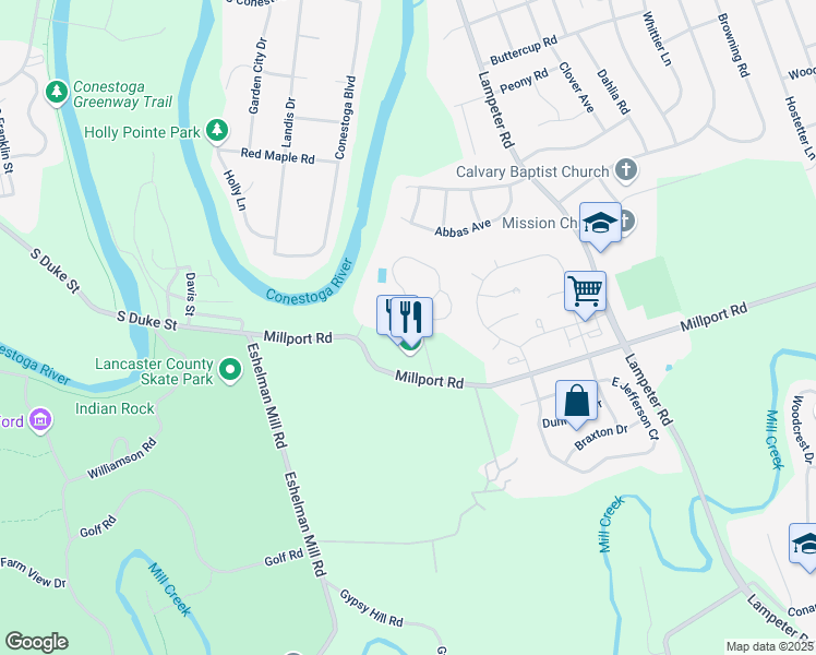 map of restaurants, bars, coffee shops, grocery stores, and more near 5 River Bend Park in Lancaster