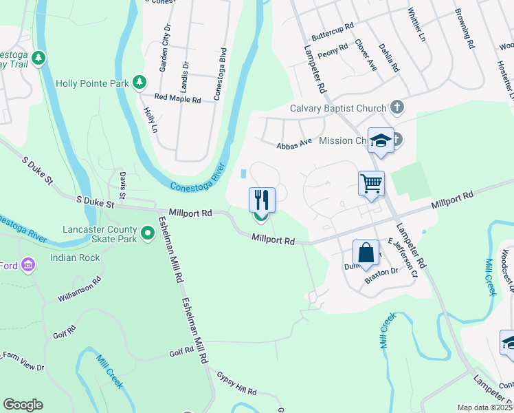 map of restaurants, bars, coffee shops, grocery stores, and more near 5 River Bend Park in Lancaster