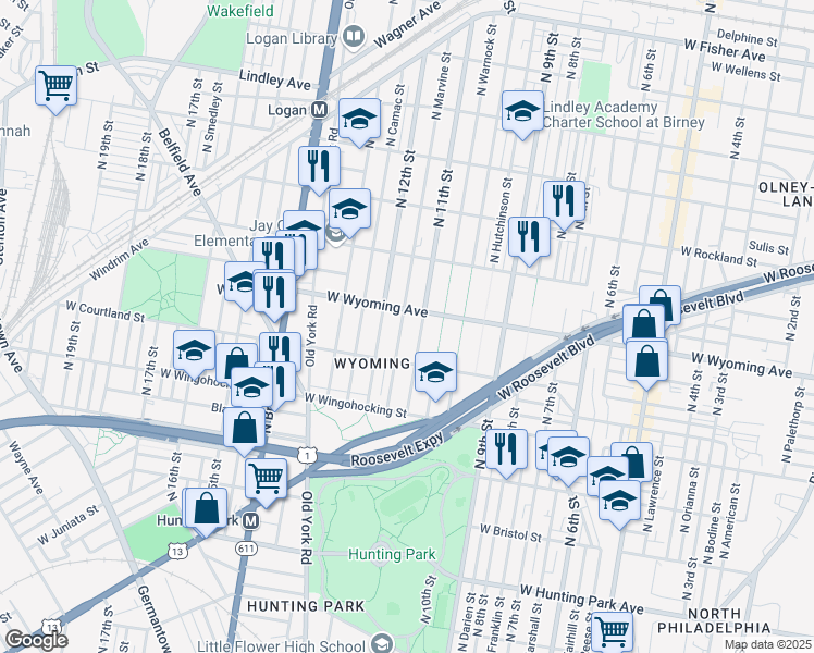 map of restaurants, bars, coffee shops, grocery stores, and more near 4649 North Marvine Street in Philadelphia