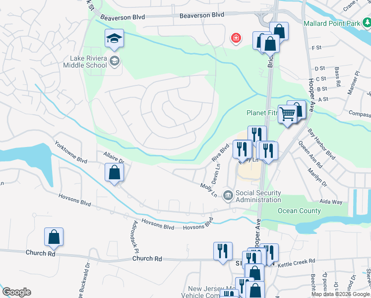 map of restaurants, bars, coffee shops, grocery stores, and more near 19 Meadowbrook Road in Brick Township