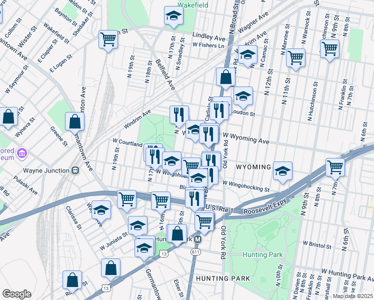 map of restaurants, bars, coffee shops, grocery stores, and more near 1513 West Courtland Street in Philadelphia