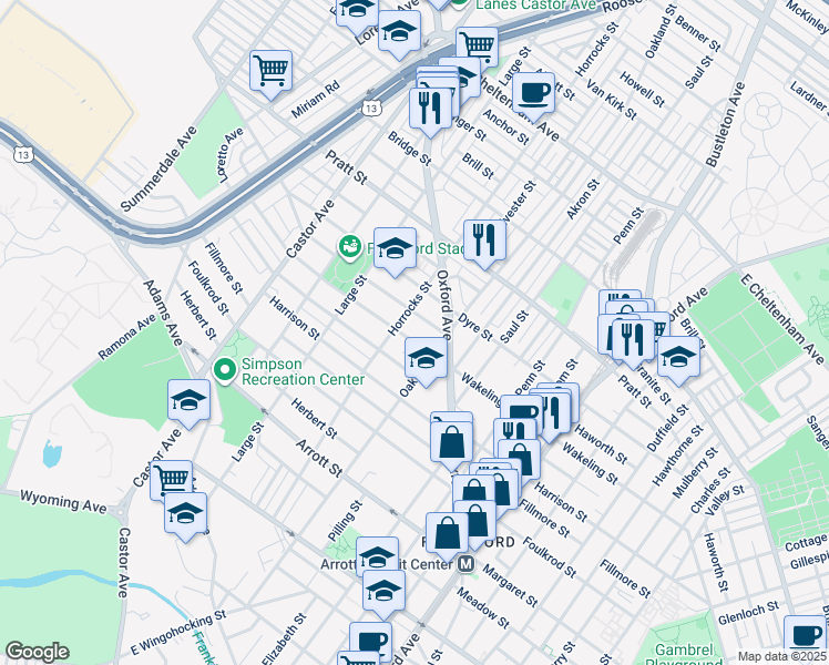 map of restaurants, bars, coffee shops, grocery stores, and more near 1213 Wakeling Street in Philadelphia