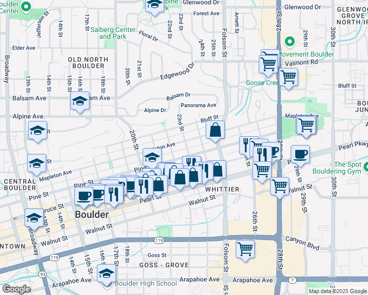 map of restaurants, bars, coffee shops, grocery stores, and more near 2251 23rd Street in Boulder
