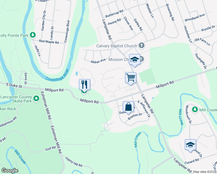 map of restaurants, bars, coffee shops, grocery stores, and more near 6 Rumford Court in Lancaster