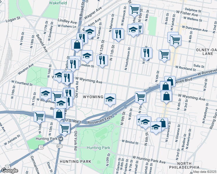 map of restaurants, bars, coffee shops, grocery stores, and more near 1036 West Wyoming Avenue in Philadelphia