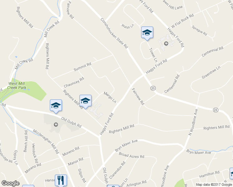 map of restaurants, bars, coffee shops, grocery stores, and more near 243 Stacey Road in Penn Valley