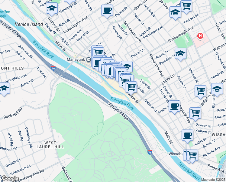 map of restaurants, bars, coffee shops, grocery stores, and more near Lock Street in Philadelphia