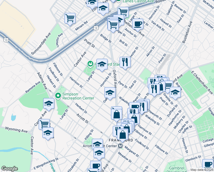 map of restaurants, bars, coffee shops, grocery stores, and more near 1213 Wakeling Street in Philadelphia
