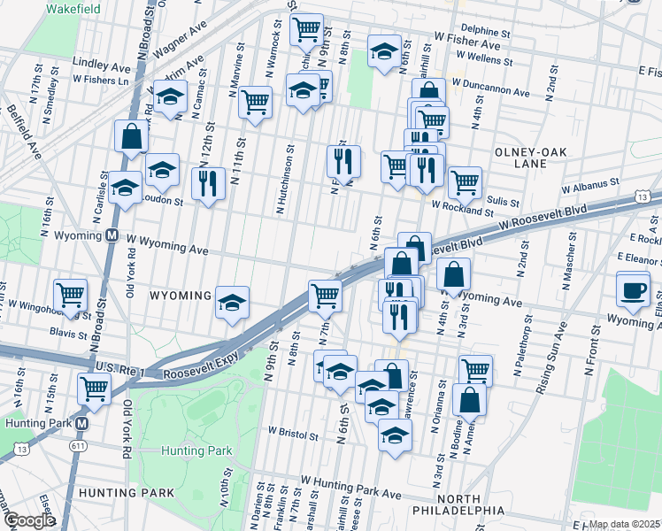 map of restaurants, bars, coffee shops, grocery stores, and more near 703 West Wyoming Avenue in Philadelphia