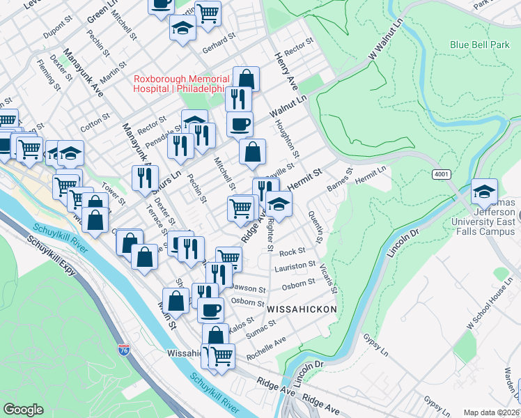 map of restaurants, bars, coffee shops, grocery stores, and more near 5442 Ridge Avenue in Philadelphia