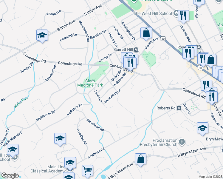 map of restaurants, bars, coffee shops, grocery stores, and more near 305 Williams Road in Bryn Mawr