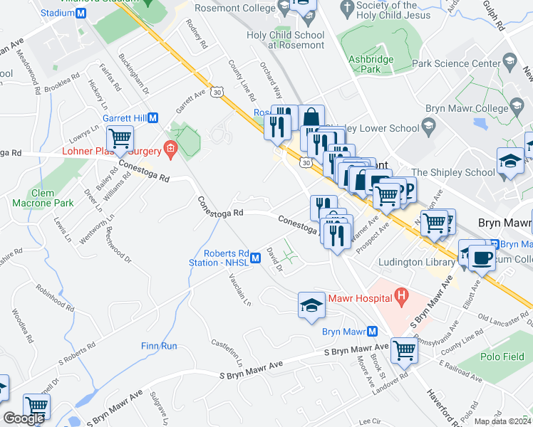 map of restaurants, bars, coffee shops, grocery stores, and more near 1005 Conestoga Road in Bryn Mawr