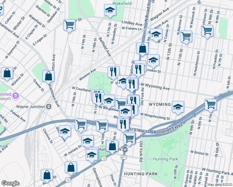 map of restaurants, bars, coffee shops, grocery stores, and more near 1521 West Courtland Street in Philadelphia