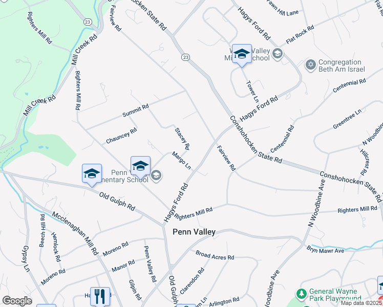 map of restaurants, bars, coffee shops, grocery stores, and more near 243 Stacey Road in Penn Valley