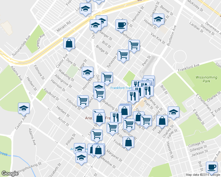 map of restaurants, bars, coffee shops, grocery stores, and more near 1341 Dyre Street in Philadelphia
