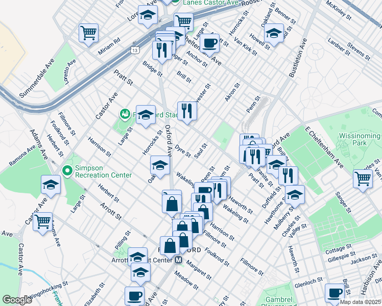 map of restaurants, bars, coffee shops, grocery stores, and more near 1341 Dyre Street in Philadelphia