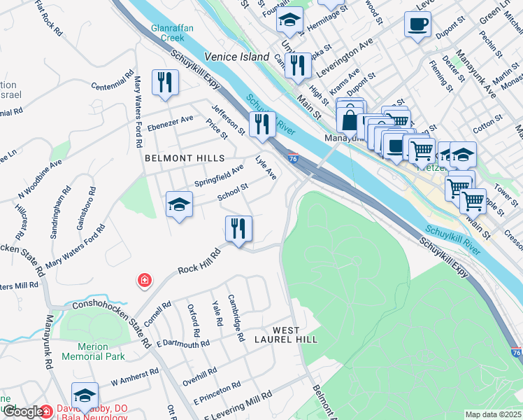 map of restaurants, bars, coffee shops, grocery stores, and more near 129 Maple Avenue in Bala Cynwyd