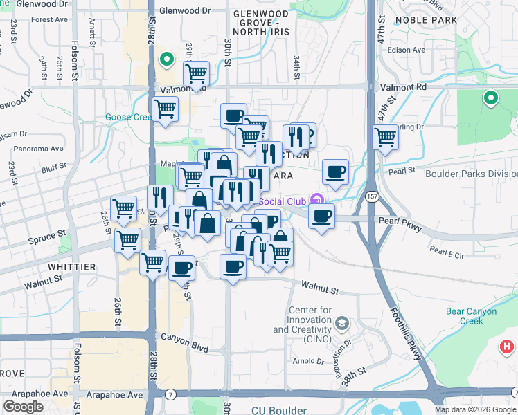 map of restaurants, bars, coffee shops, grocery stores, and more near 3100 Pearl Street in Boulder