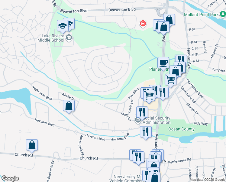 map of restaurants, bars, coffee shops, grocery stores, and more near 19 Meadowbrook Road in Brick Township