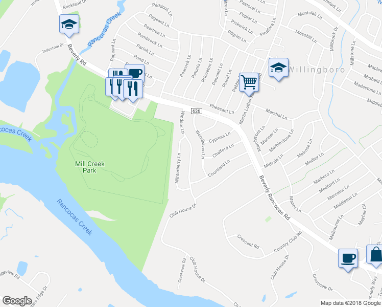 map of restaurants, bars, coffee shops, grocery stores, and more near Windsor Lane in Willingboro