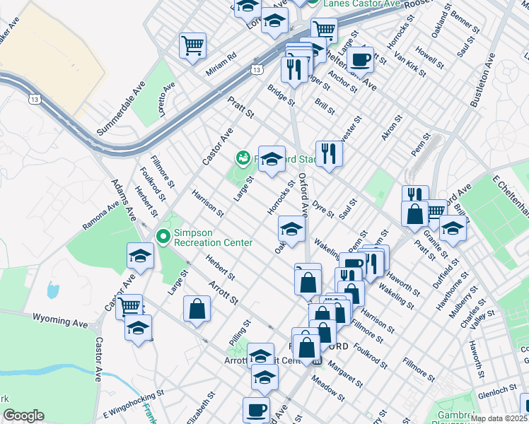 map of restaurants, bars, coffee shops, grocery stores, and more near 1138 Wakeling Street in Philadelphia