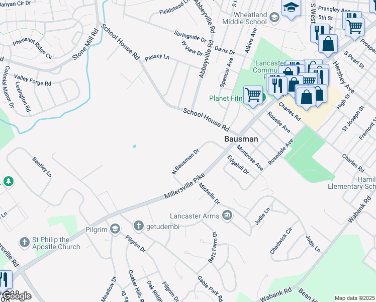 map of restaurants, bars, coffee shops, grocery stores, and more near 27 North Bausman Drive in Lancaster