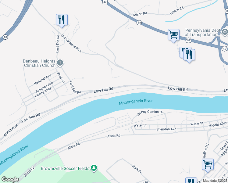 map of restaurants, bars, coffee shops, grocery stores, and more near 75 Low Hill Road in Brownsville
