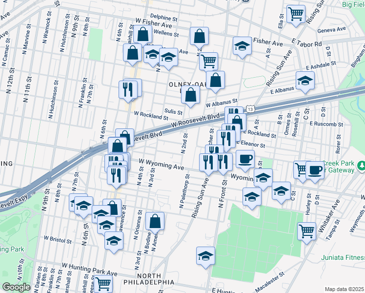 map of restaurants, bars, coffee shops, grocery stores, and more near 200 West Loudon Street in Philadelphia
