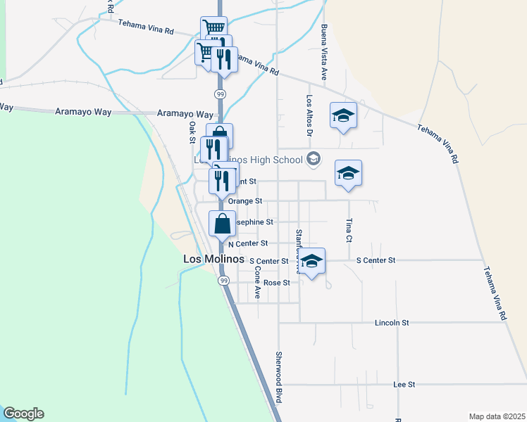 map of restaurants, bars, coffee shops, grocery stores, and more near 25192-25204 Josephine Street in Los Molinos