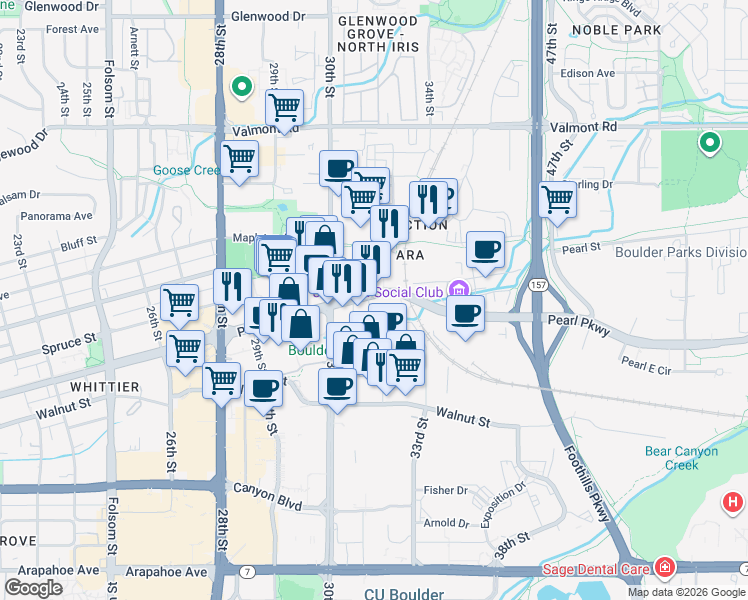map of restaurants, bars, coffee shops, grocery stores, and more near 3080 Pearl Street in Boulder