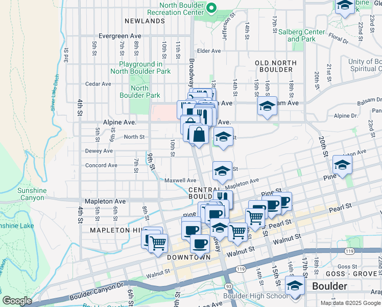 map of restaurants, bars, coffee shops, grocery stores, and more near 2463 Broadway in Boulder