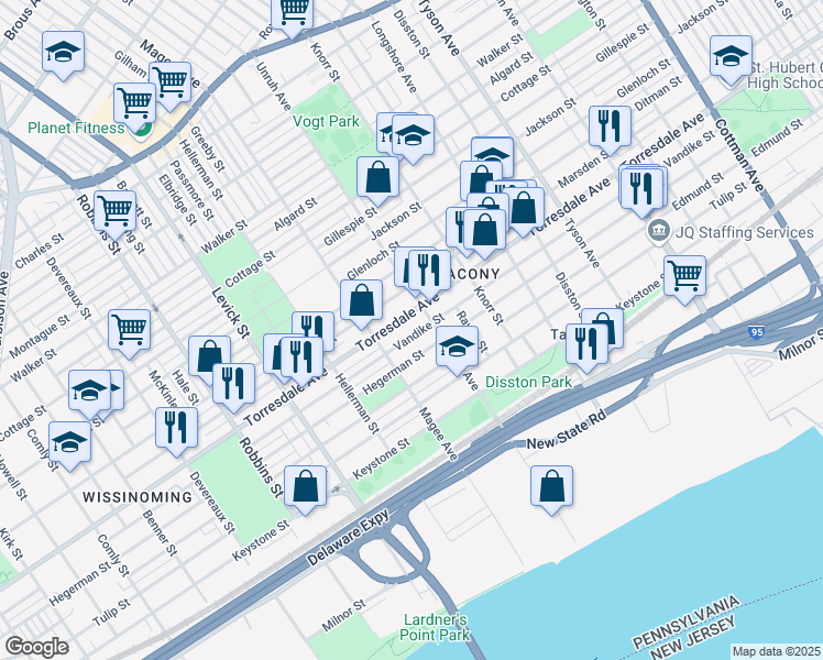 map of restaurants, bars, coffee shops, grocery stores, and more near 6634 Hegerman Street in Philadelphia