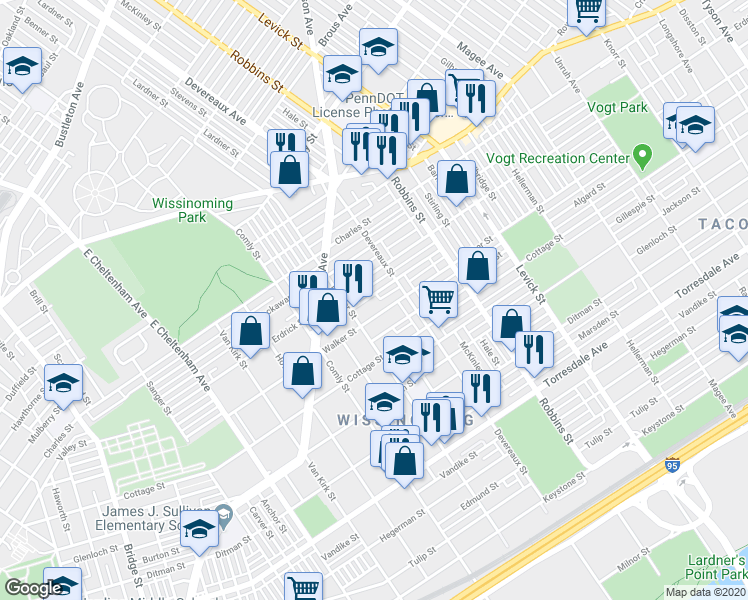 map of restaurants, bars, coffee shops, grocery stores, and more near 6120 Walker Street in Philadelphia