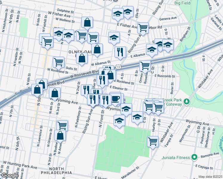 map of restaurants, bars, coffee shops, grocery stores, and more near 121 East Loudon Street in Philadelphia