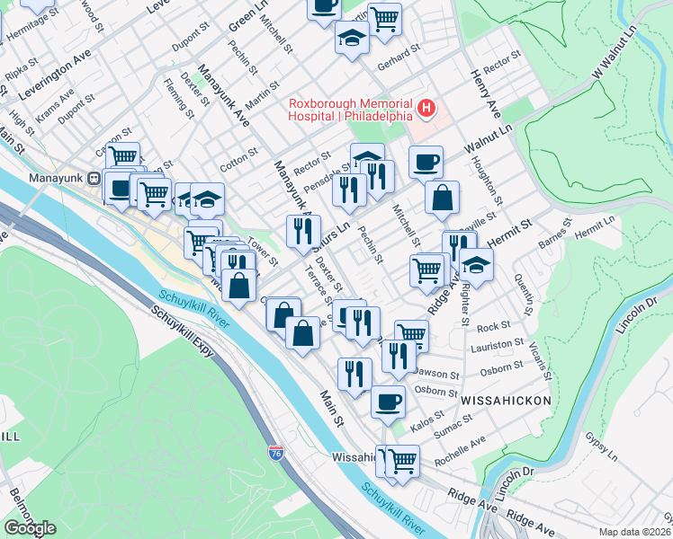 map of restaurants, bars, coffee shops, grocery stores, and more near 4015 Manayunk Avenue in Philadelphia